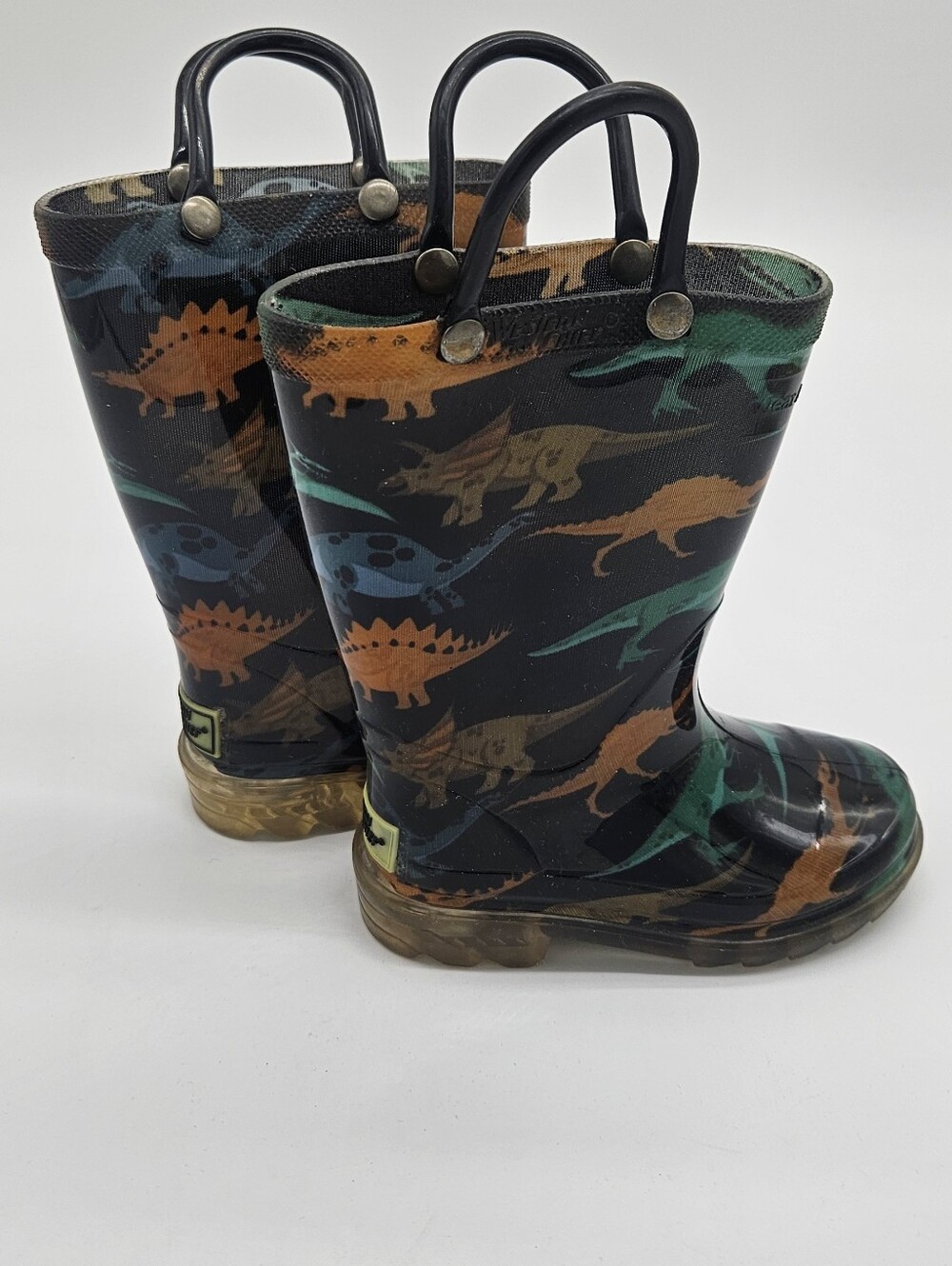 Kids Dinosaur Rain Boots with Easy-Grab Handles - Black/Green/Orange